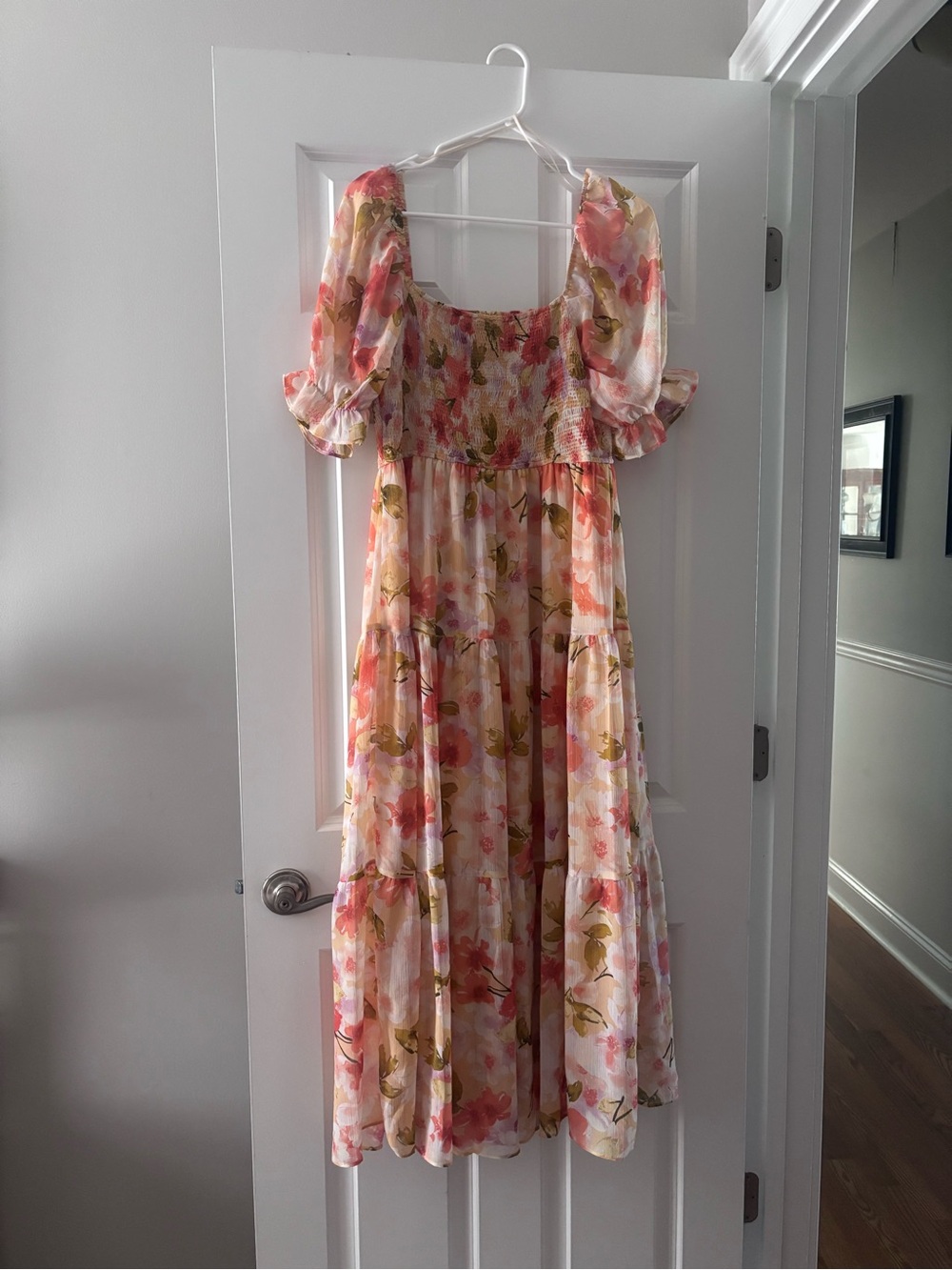 Moon River Pink Floral Smocked Maxi Dress